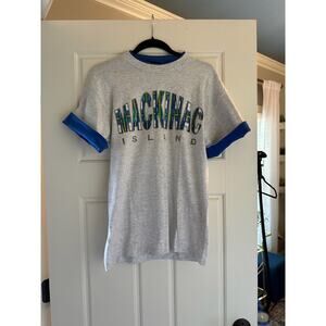 Vintage Mackinac Island T Shirt Adult M gray with plaid lettering with blue trim